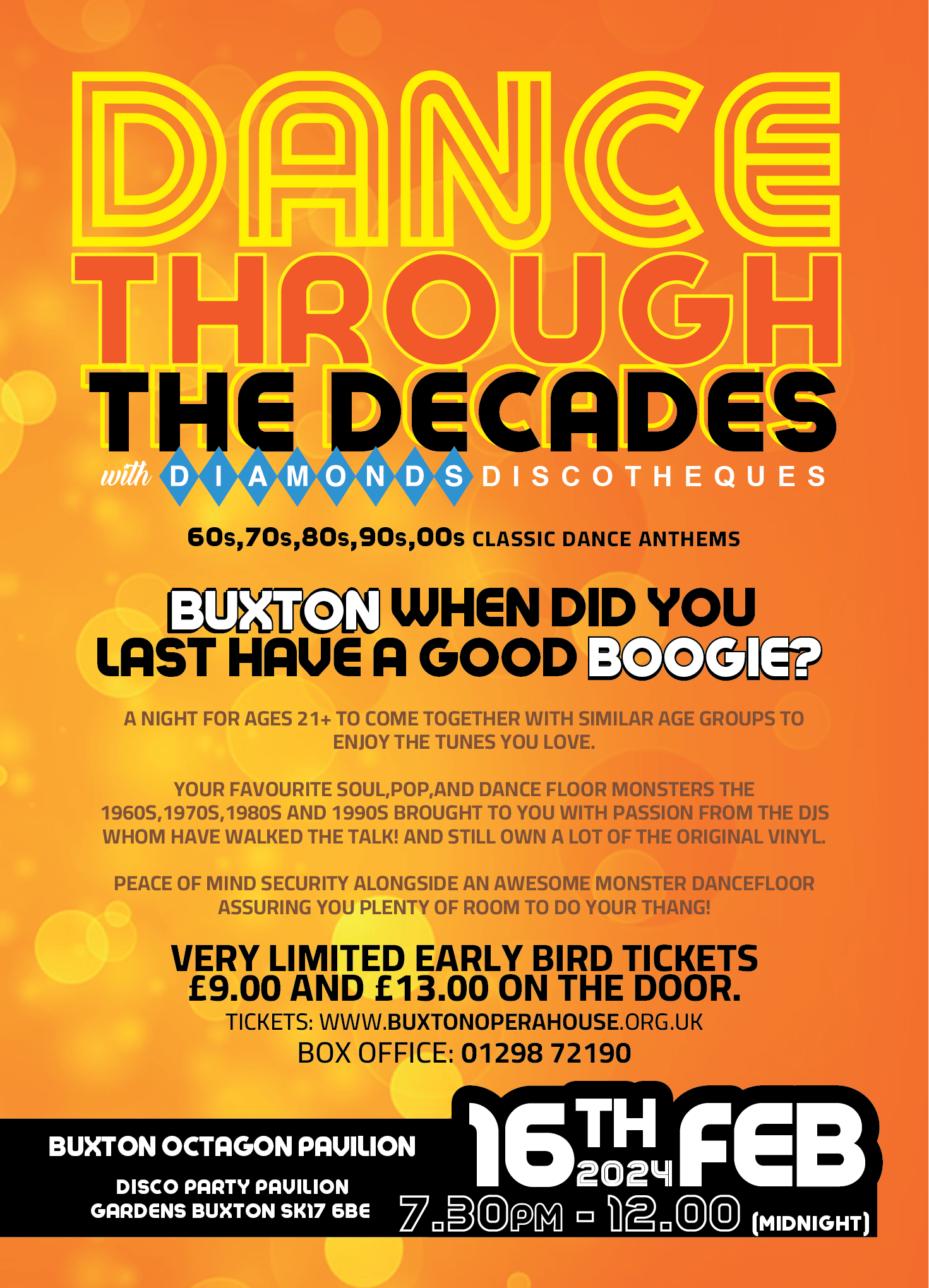 Publicity poster for Buxton Octagon presents Dance Through The Decades on February 16th 2024
